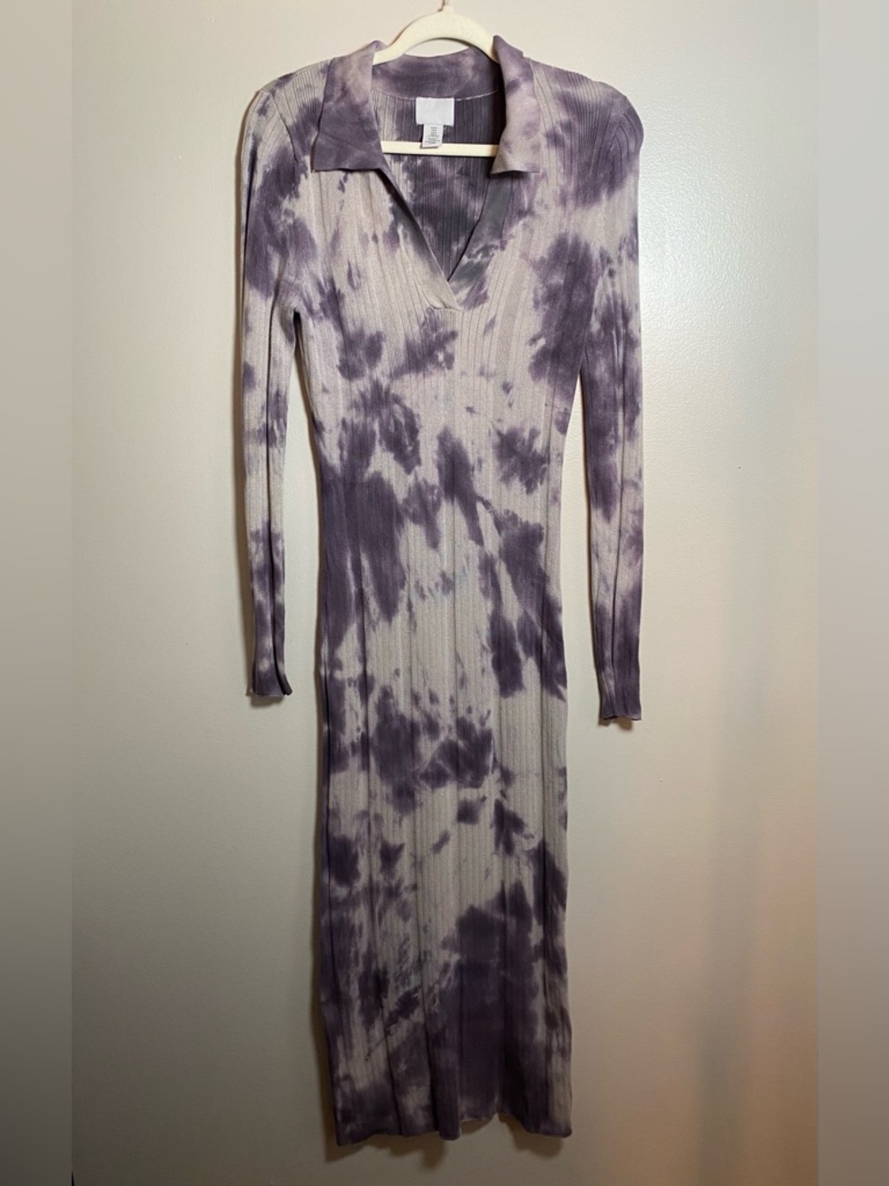 Tie Dye Ribbed Collar Shirt Dress Long Sleeve Purple and Tan Medium Custom